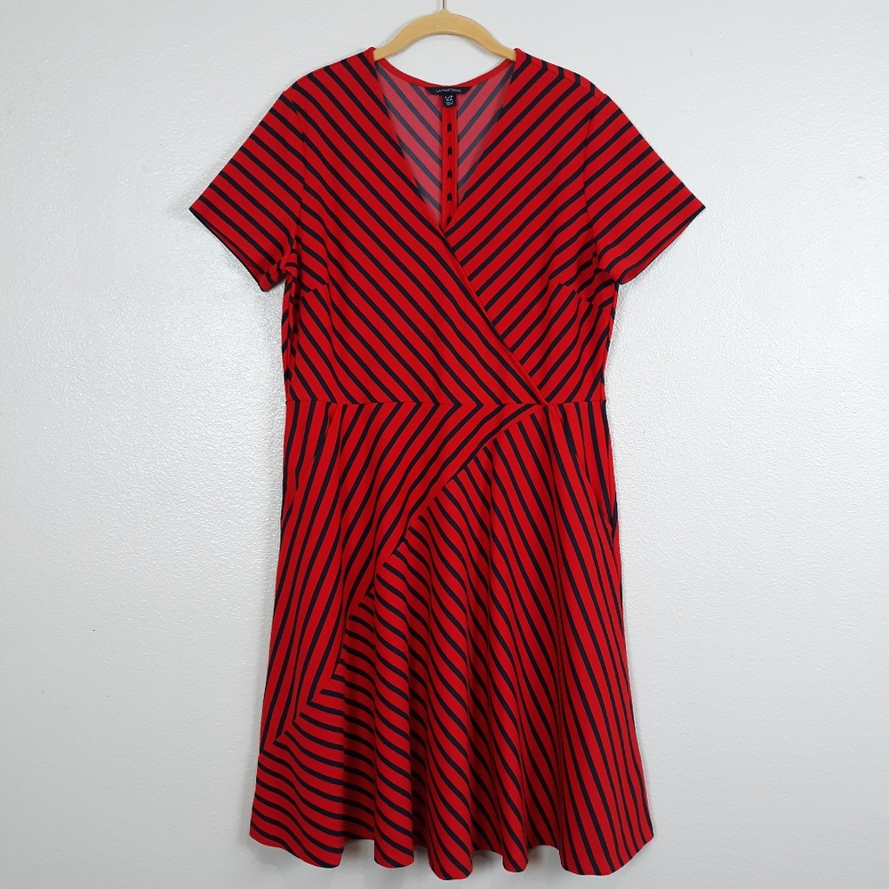 Lands' End Red and Navy Striped Faux Wrap Dress Women's Size 14-16 L Petite